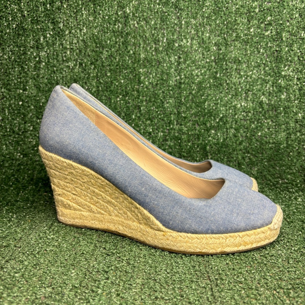 J.Crew Sevilla Espadrille Wedge Chambray Canvas Summer Sandal Blue Womens Size 9